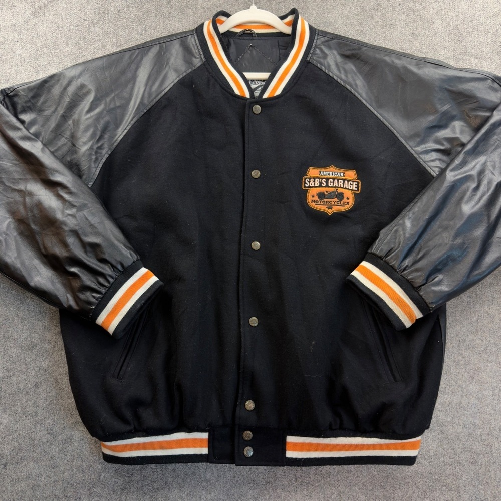 Steve & Barrys Mens XL Varsity Jacket Black Wool Faux Leather S&B Garage Biker